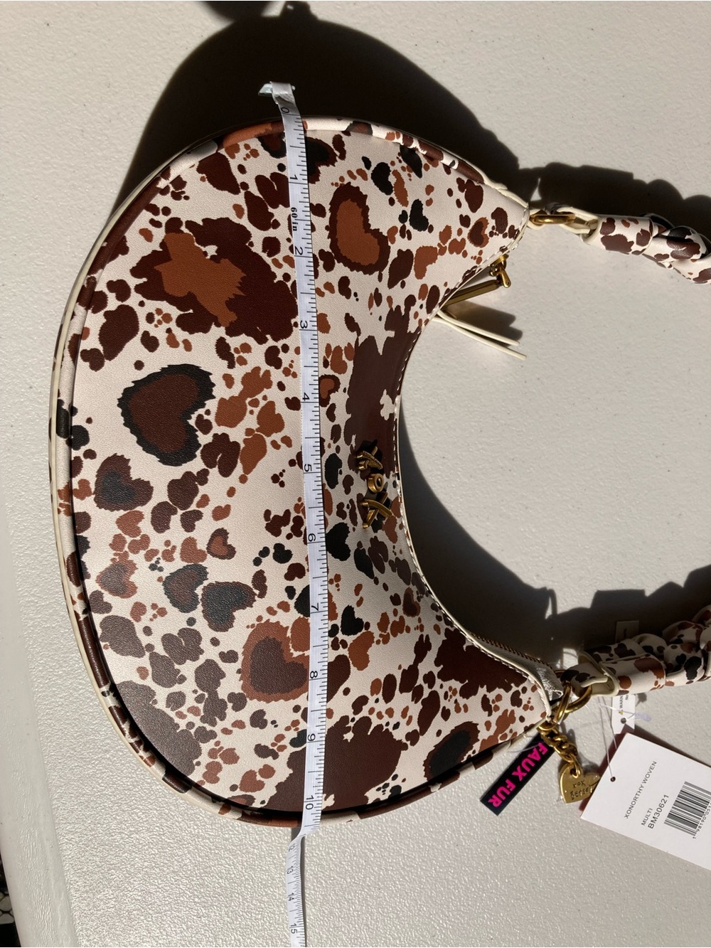 Betsey Johnson Crescent Shoulder Purse Brown White Cow Print Hearts Western - Picture 15 of 17
